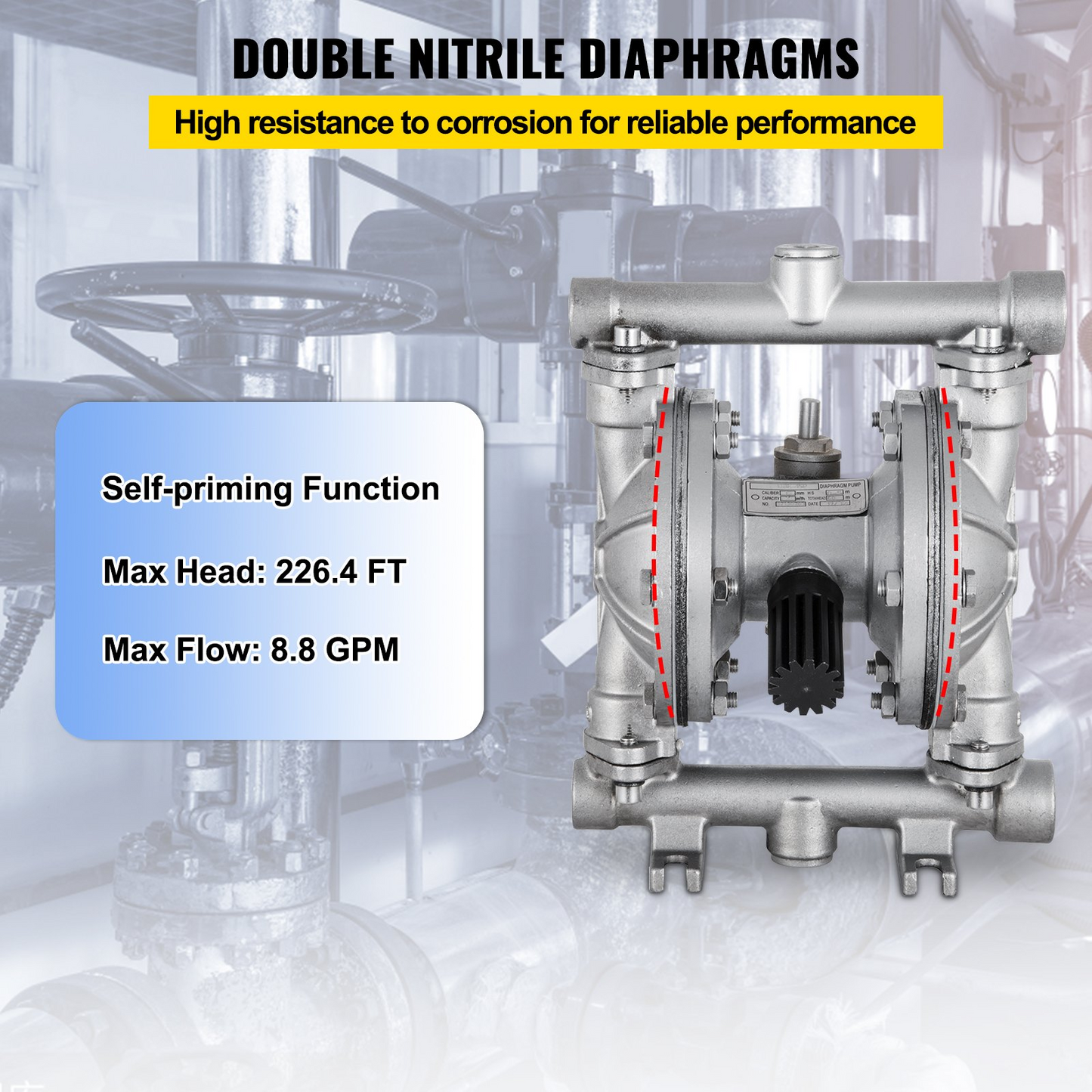 VEVOR Air-Operated Double Diaphragm Pump, 1/2 in Inlet & Outlet, Stainless Steel Body, 8.8 GPM & Max 120PSI, PTFE Diaphragm Pneumatic Transfer Pump for Petroleum, Diesel, Oil & Low Viscosity Fluids