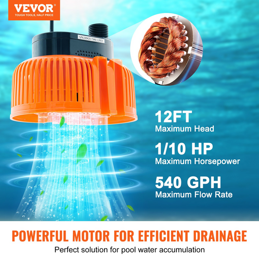 VEVOR Automatic Pool Cover Pump, 1/10 HP 75W 540 GPH, 120V Submersible Swimming Pool Cover Pump, Water Removal Pump with 3 Hose Adapters 16 ft Drainage Hose & 25 ft Power Cord, for Pool Draining