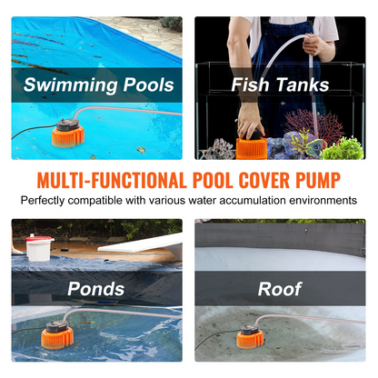 VEVOR Automatic Pool Cover Pump, 1/10 HP 75W 540 GPH, 120V Submersible Swimming Pool Cover Pump, Water Removal Pump with 3 Hose Adapters 16 ft Drainage Hose & 25 ft Power Cord, for Pool Draining