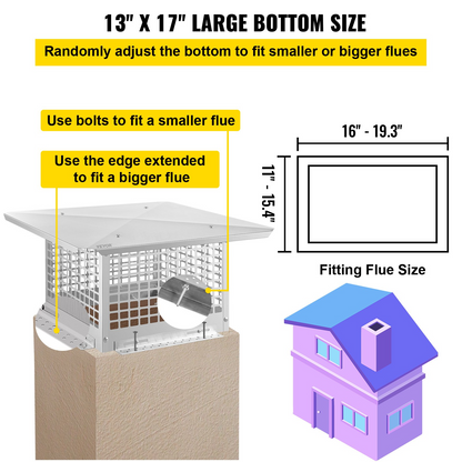 VEVOR Chimney Cap, 13" x 17" Flue Caps, 304 Stainless Steel Fireplace Chimney Cover, Adjustable Metal Spark Arrestor with Bolts Screws, Mesh Chimney Flue Cover for Outside Existing Clay Flue Tile