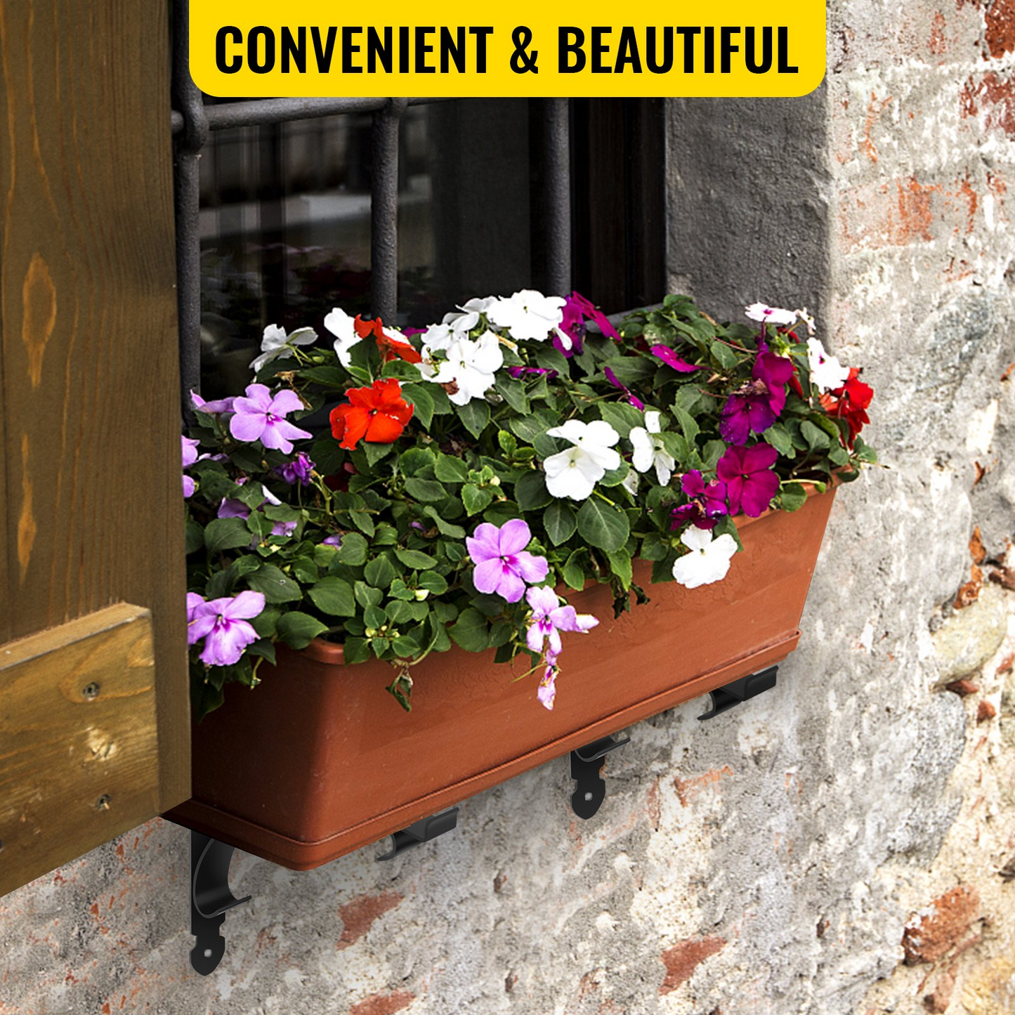 VEVOR Window Box Brackets 88lbs Planter Box Brackets 24 x 10.5 x 10 in Black Planter Mounting Bracket Iron Material Black Window Box Hanger Bracket for Flower Box Durable Window Box Holder