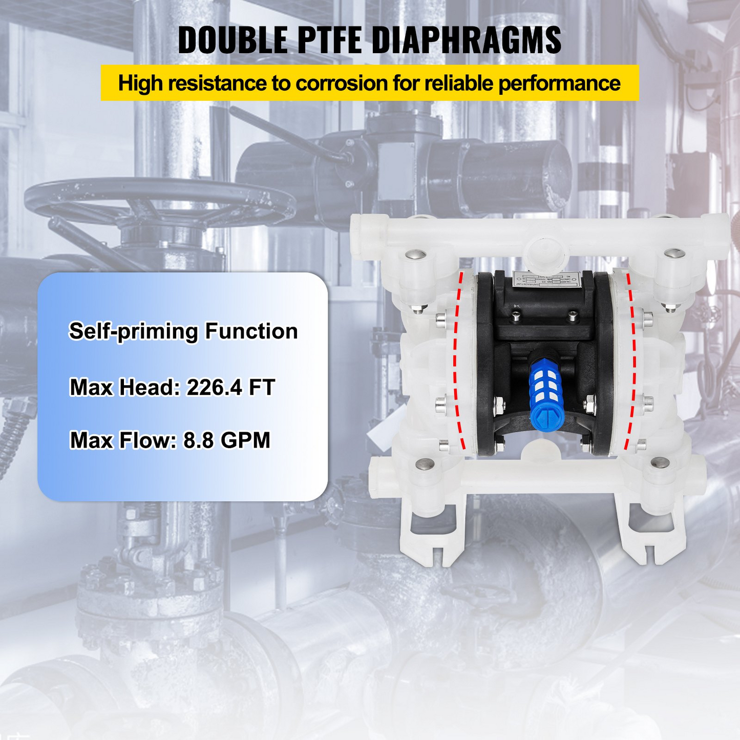 VEVOR Air-Operated Double Diaphragm Pump, 1/2 in Inlet & Outlet, Polypropylene Body, 8.8 GPM & Max 120PSI, PTFE Diaphragm Pneumatic Transfer Pump for Petroleum, Diesel, Oil & Low Viscosity Fluids