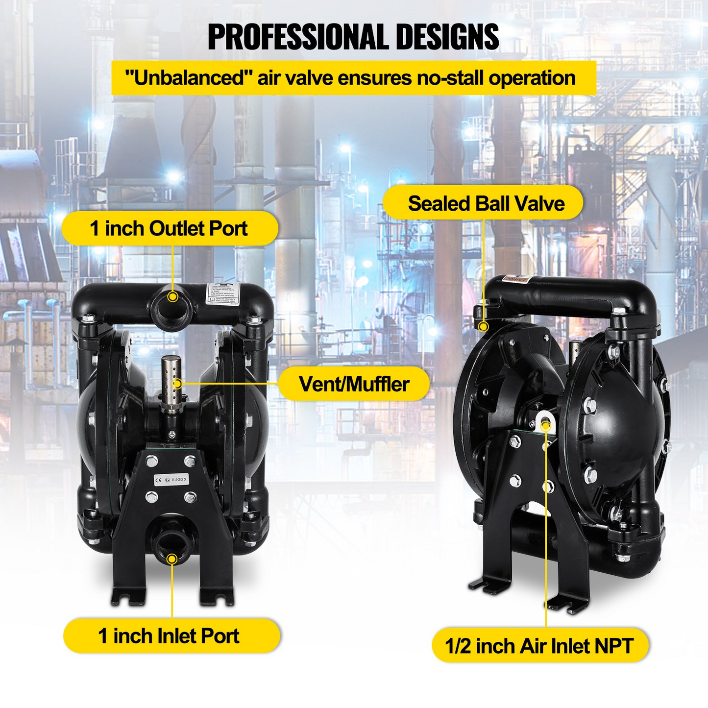 VEVOR Air-Operated Double Diaphragm Pump 1 inch Inlet Outlet Aluminum 35 GPM Max 120PSI for Industrial Use, QBY4-25LF46-1inch-35