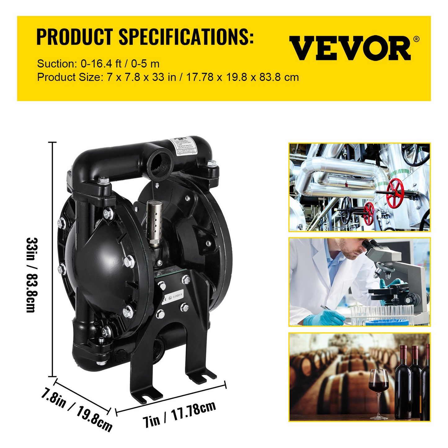 VEVOR Air-Operated Double Diaphragm Pump 1 inch Inlet Outlet Aluminum 35 GPM Max 120PSI for Industrial Use, QBY4-25LF46-1inch-35