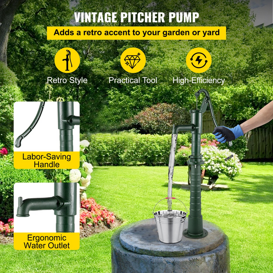 VEVOR Hand Water Pump w/ Stand, 15.7 x 9.4 x 51.6 inch Pitcher Pump& 26 inch Pump Stand w/ Pre-set 1/2" Holes for Easy Installation, Rustic Cast Iron Well Pump for Yard, Garden, Farm Irrigation, Green