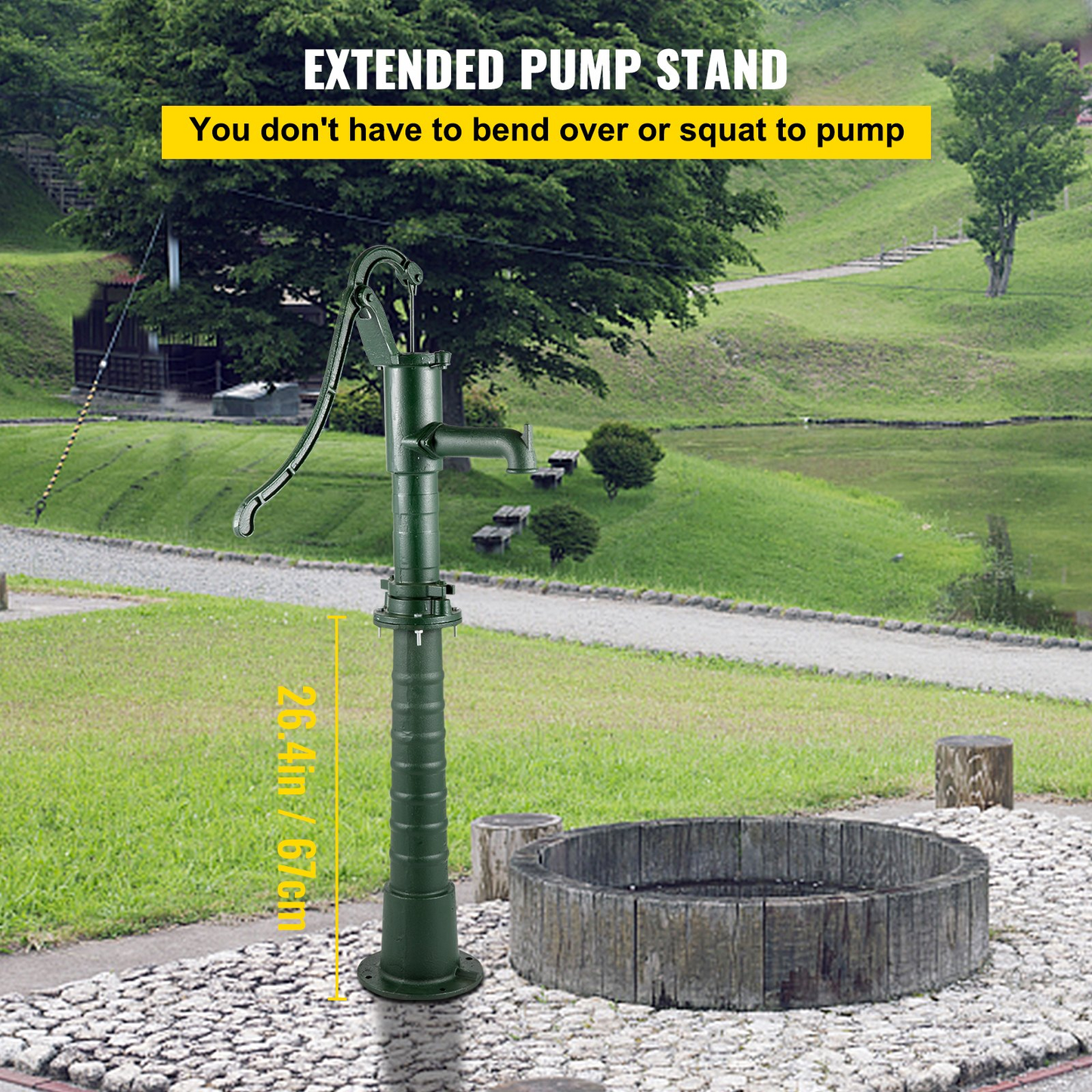 VEVOR Hand Water Pump w/ Stand, 15.7 x 9.4 x 51.6 inch Pitcher Pump& 26 inch Pump Stand w/ Pre-set 1/2" Holes for Easy Installation, Rustic Cast Iron Well Pump for Yard, Garden, Farm Irrigation, Green