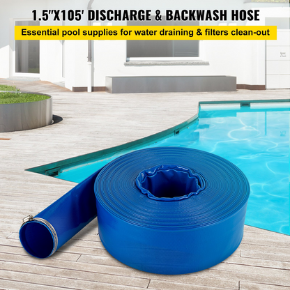 VEVOR Discharge Hose, 1-1/2" x 105', PVC Fabric Lay Flat Hose, Heavy Duty Backwash Drain Hose with Clamps, Weather-proof & Burst-proof, Ideal for Swimming Pool & Water Transfer, Blue