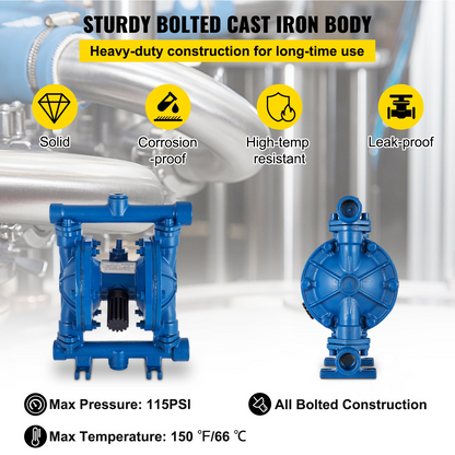 VEVOR Air-Operated Double Diaphragm Pump, 1/2 in Inlet & Outlet, Cast Iron Body, 8.8 GPM & Max 120PSI, Nitrile Diaphragm Pneumatic Transfer Pump for Petroleum, Diesel, Oil & Low Viscosity Fluids