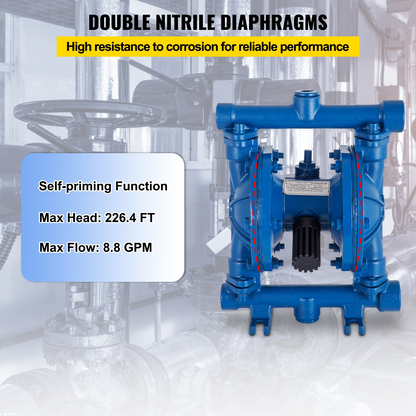 VEVOR Air-Operated Double Diaphragm Pump, 1/2 in Inlet & Outlet, Cast Iron Body, 8.8 GPM & Max 120PSI, Nitrile Diaphragm Pneumatic Transfer Pump for Petroleum, Diesel, Oil & Low Viscosity Fluids