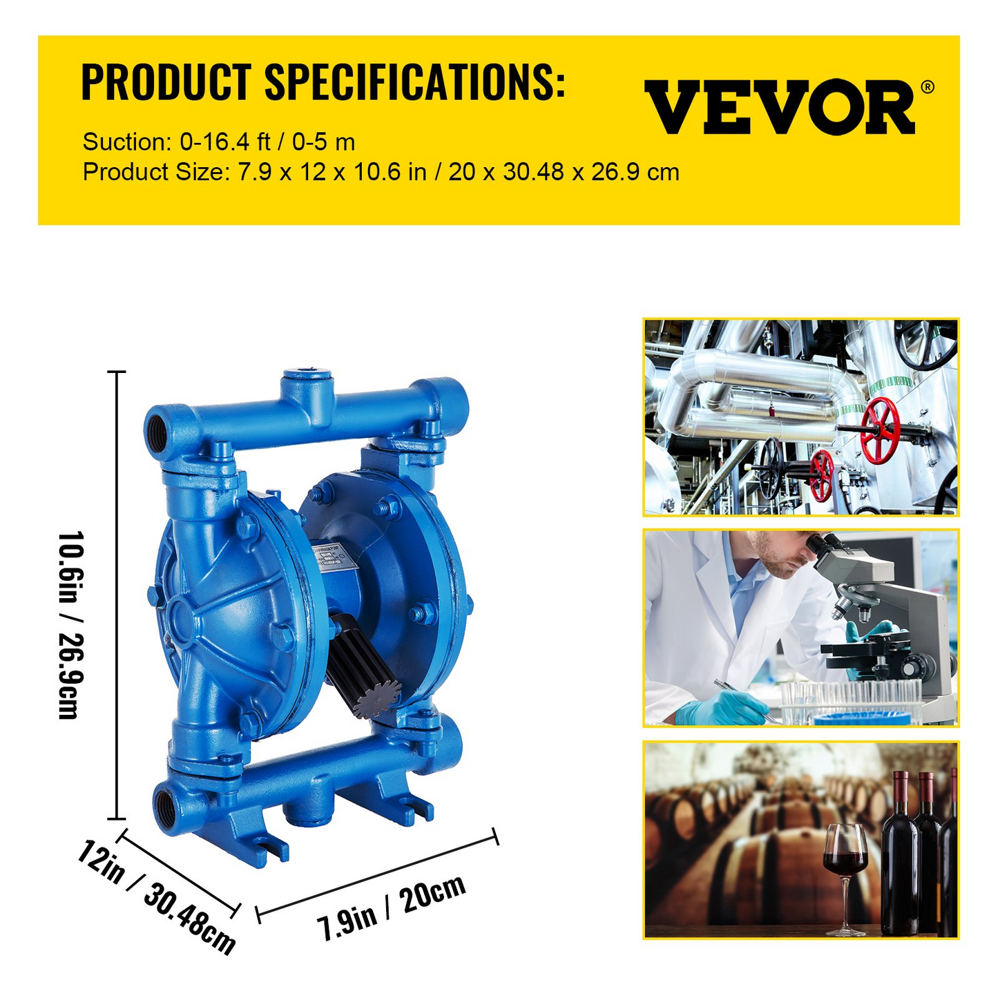 VEVOR Air-Operated Double Diaphragm Pump, 1/2 in Inlet & Outlet, Cast Iron Body, 8.8 GPM & Max 120PSI, Nitrile Diaphragm Pneumatic Transfer Pump for Petroleum, Diesel, Oil & Low Viscosity Fluids