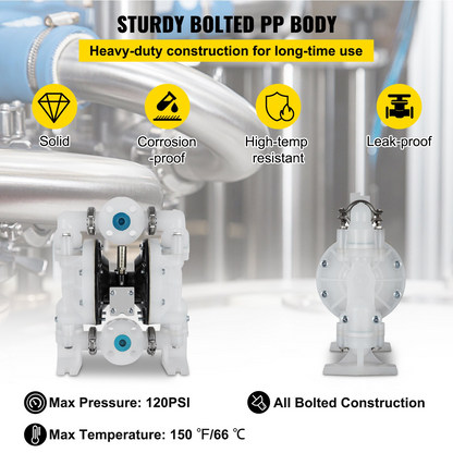 VEVOR Air-Operated Double Diaphragm Pump 1 inch Inlet/Outlet 30GPM Polypropylene Max 120PSI for Chemical and Industrial Use