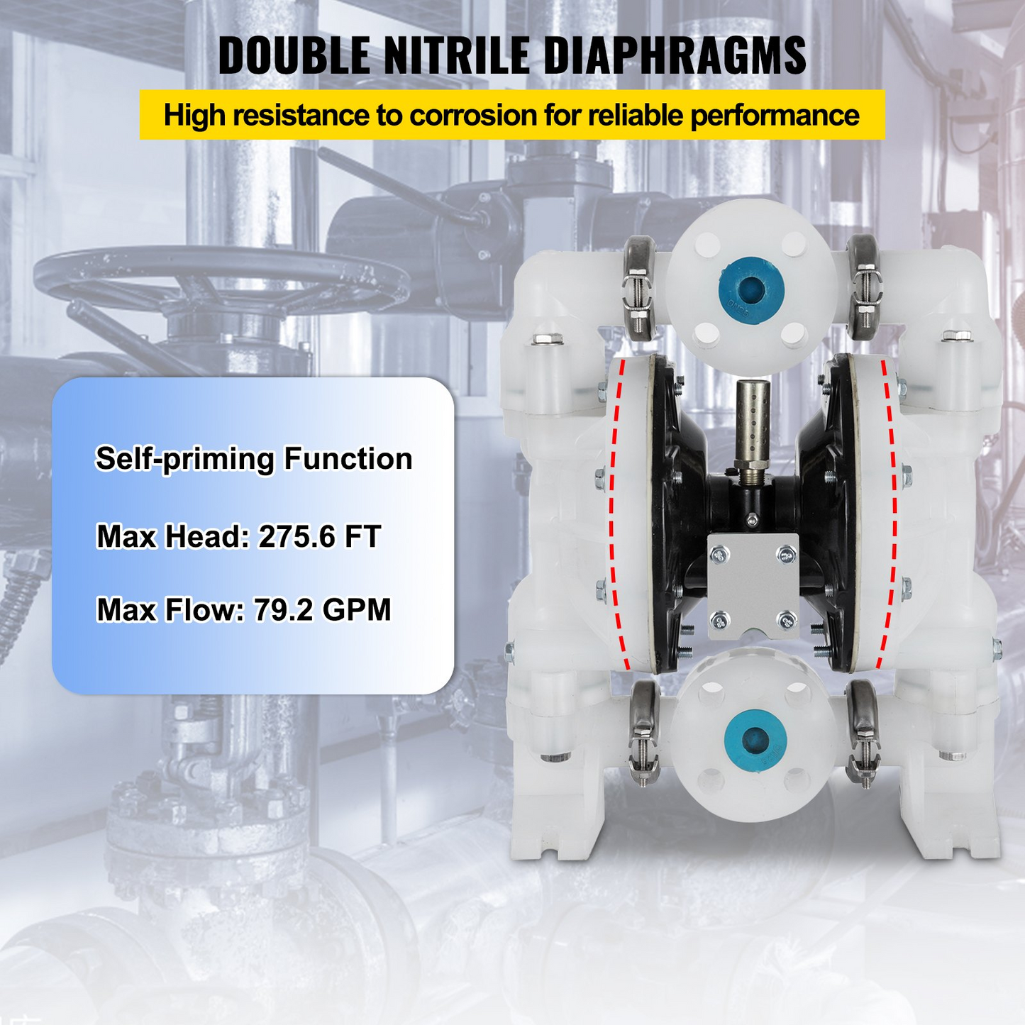 VEVOR Air-Operated Double Diaphragm Pump 1 inch Inlet/Outlet 30GPM Polypropylene Max 120PSI for Chemical and Industrial Use