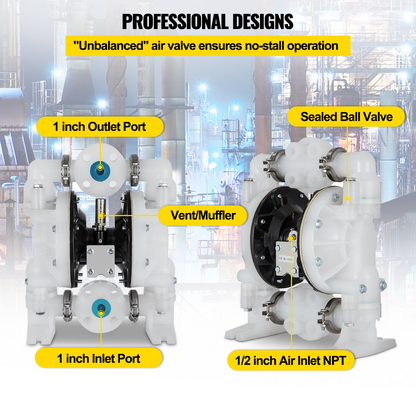 VEVOR Air-Operated Double Diaphragm Pump 1 inch Inlet/Outlet 30GPM Polypropylene Max 120PSI for Chemical and Industrial Use