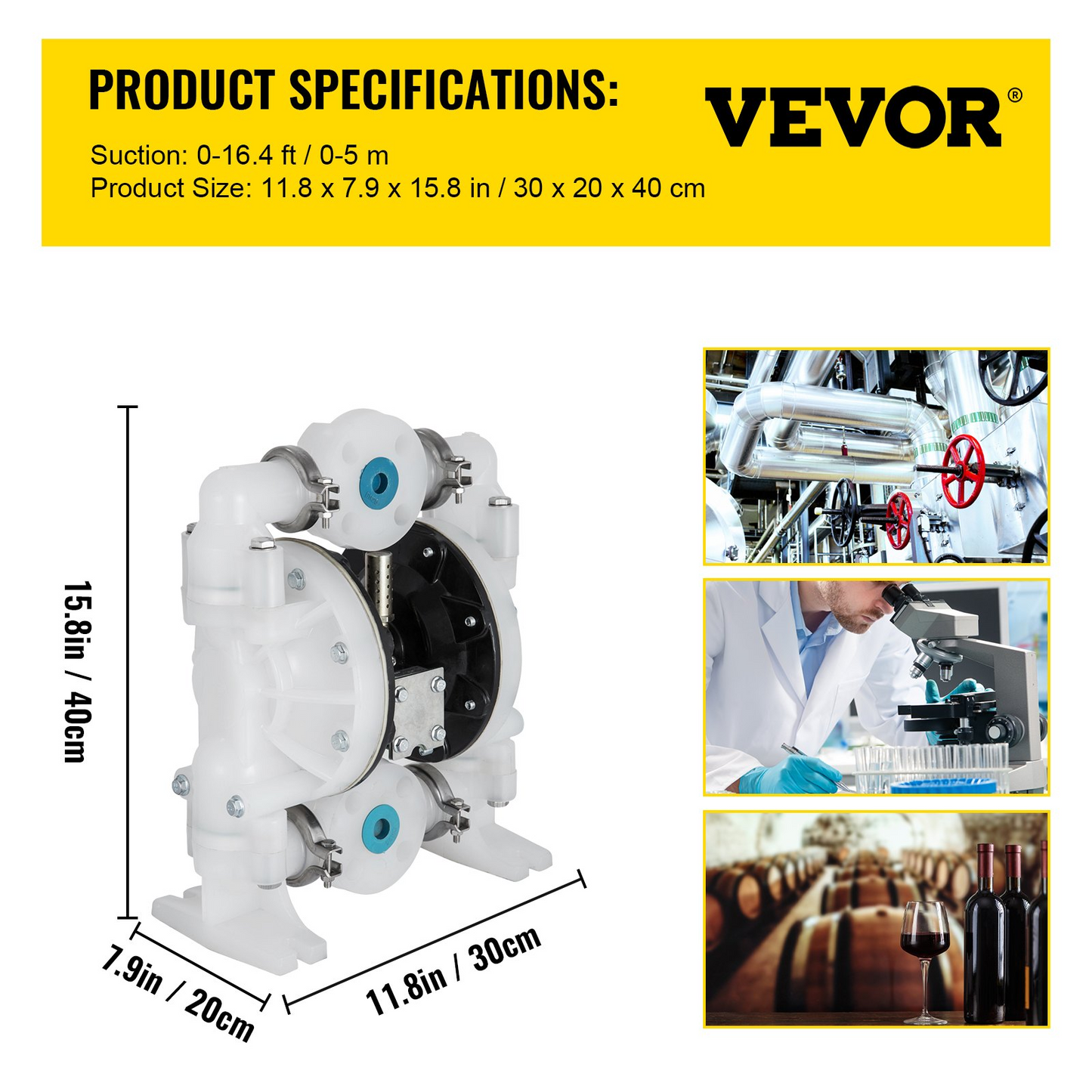 VEVOR Air-Operated Double Diaphragm Pump 1 inch Inlet/Outlet 30GPM Polypropylene Max 120PSI for Chemical and Industrial Use