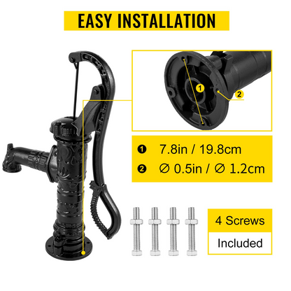 VEVOR Antique Hand Water Pump 14.6 x 5.9 x 25.6 inch Pitcher Pump w/Handle Cast Iron Well Pump w/ Pre-set 0.5" Holes for Easy Installation Old Fashion Pitcher Hand Pump for Yard Ponds Garden Black