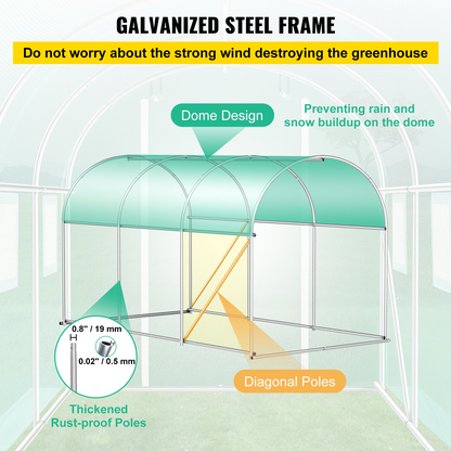 VEVOR Walk-in Tunnel Greenhouse, 9.8 x 6.6 x 6.6 ft Portable Plant Hot House w/ Galvanized Steel Hoops, 1 Top Beam, Diagonal Poles, Zippered Door & 6 Roll-up Windows, Green