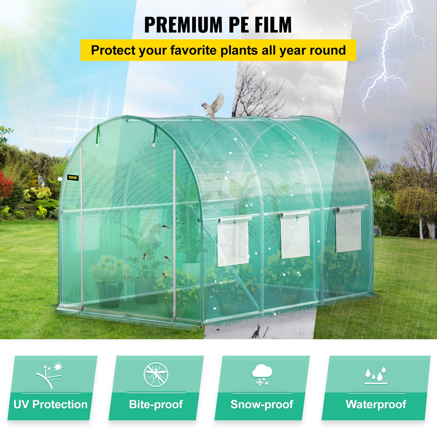 VEVOR Walk-in Tunnel Greenhouse, 9.8 x 6.6 x 6.6 ft Portable Plant Hot House w/ Galvanized Steel Hoops, 1 Top Beam, Diagonal Poles, Zippered Door & 6 Roll-up Windows, Green