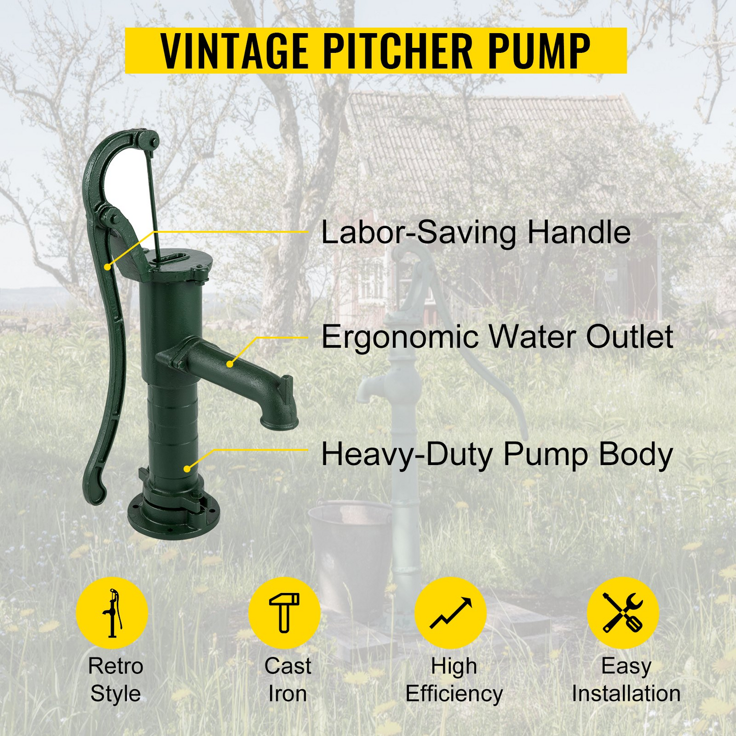 VEVOR Antique Hand Water Pump 14.6 x 5.9 x 26 inch Pitcher Pump w/Handle Cast Iron Well Pump w/ Pre-set 0.5" Holes for Easy Installation Old Fashion Pitcher Hand Pump for Home Yard Ponds Garden Green