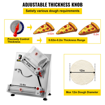 VEVOR Pizza Dough Roller Sheeter, Max 12" Automatic Commercial Dough Roller Sheeter, 370W Electric Pizza Dough Roller Stainless Steel, Suitable for Noodle Pizza Bread and Pasta Maker Equipment