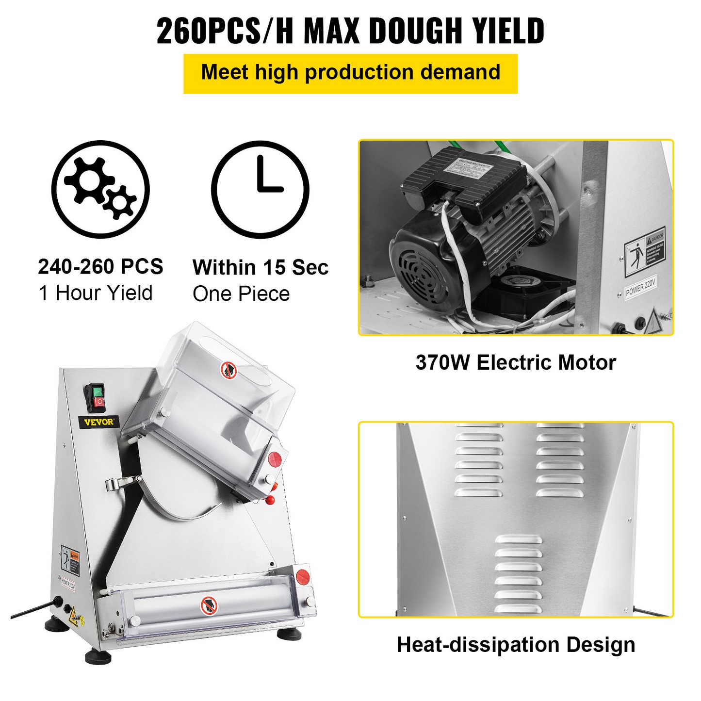 VEVOR Pizza Dough Roller Sheeter, Max 12" Automatic Commercial Dough Roller Sheeter, 370W Electric Pizza Dough Roller Stainless Steel, Suitable for Noodle Pizza Bread and Pasta Maker Equipment