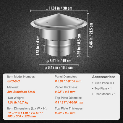 VEVOR Chimney Cap, 6 inch, 304 Stainless Steel Round Roof Rain Cap, 11.81-inch Increased Caps, All Weather & Reinforced Screws & Easy Installation, for Perfect Insulation Vent Cover Outside, Silver