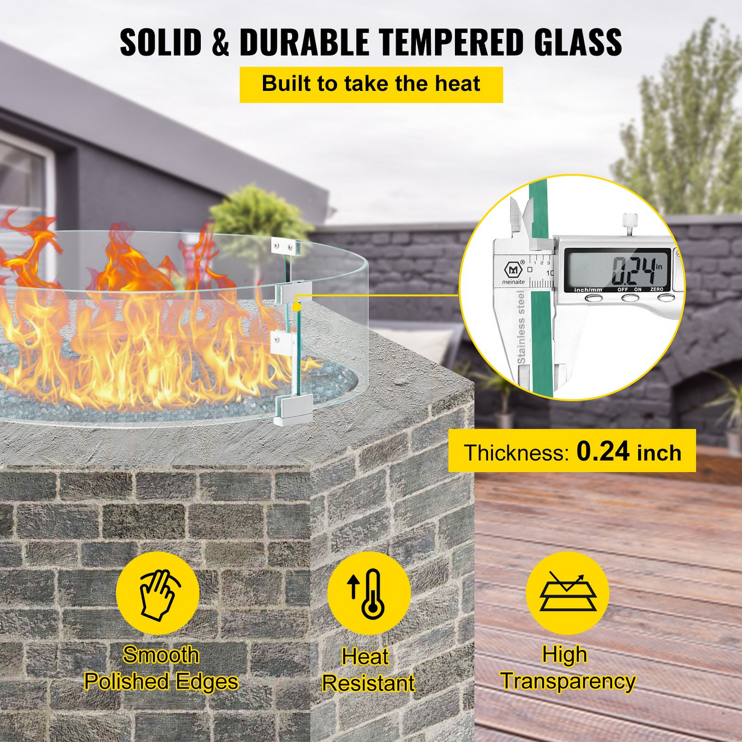 VEVOR Fire Pit Wind Guard, 23 x 23 x 8 Inch Glass Flame Guard, Round Glass Shield, 1/4-Inch Thick Fire Table, Clear Tempered Glass Flame Guard, Aluminum Alloy Feet for Propane, Gas, Outdoor