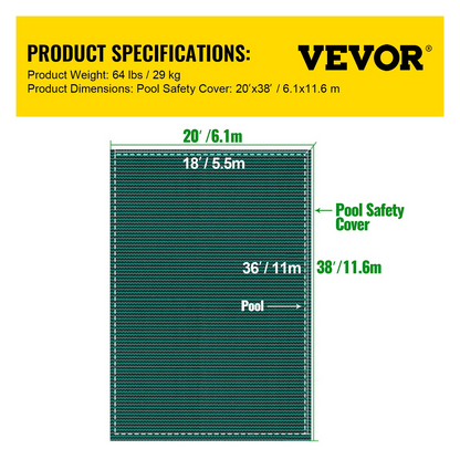 VEVOR Pool Safety Cover Fits 20 x 38 ft Rectangle Inground Safety Pool Cover Green Mesh Solid Pool Safety Cover for Swimming Pool Winter Safety Cover