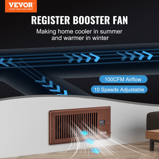 VEVOR Register Booster Fan, Quiet Vent Booster Fan Fits 4” x 10” Register Holes, with Remote Control and Thermostat Control, Adjustable Speed for Heating Cooling Smart Vent, Brown