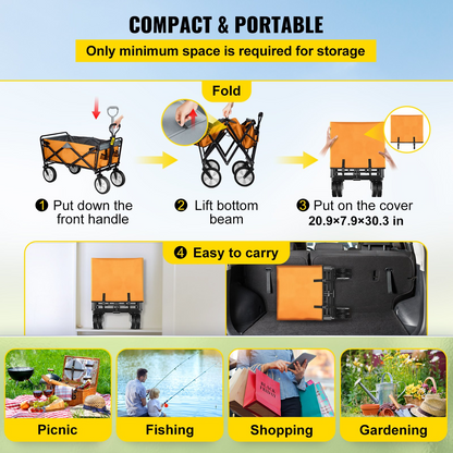 VEVOR Wagon Cart, Collapsible Folding Cart with 176lbs Load, Outdoor Utility Garden Cart, Adjustable Handle, Portable Foldable Wagons with Wheels for Beach, Camping, Grocery, Orange