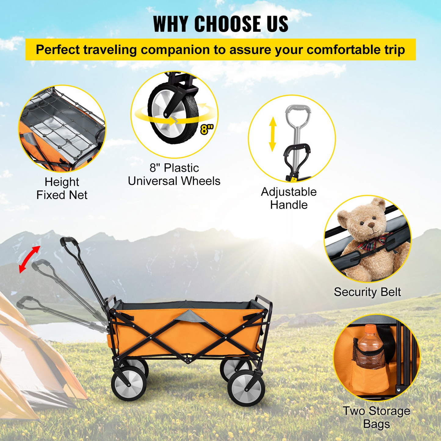 VEVOR Wagon Cart, Collapsible Folding Cart with 176lbs Load, Outdoor Utility Garden Cart, Adjustable Handle, Portable Foldable Wagons with Wheels for Beach, Camping, Grocery, Orange