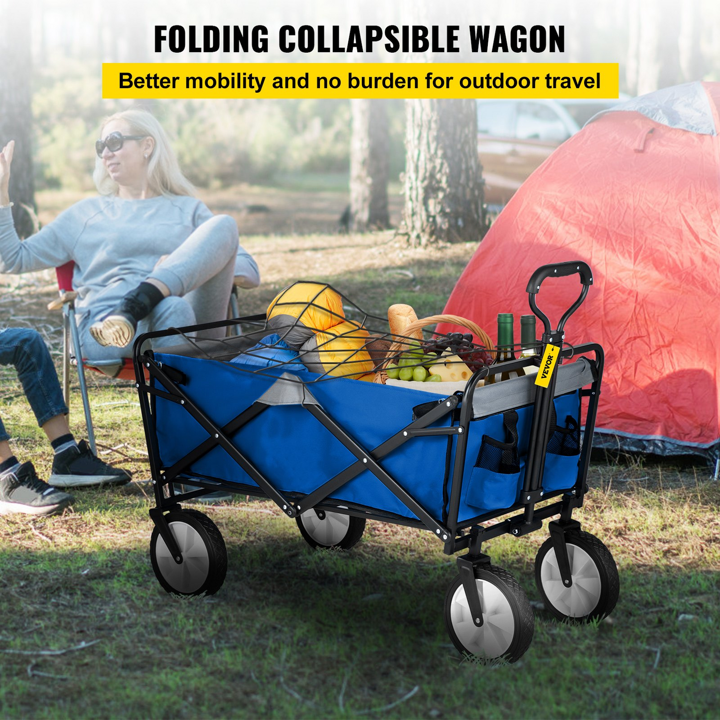 VEVOR Wagon Cart, Collapsible Folding Cart with 176lbs Load, Outdoor Utility Garden Cart, Adjustable Handle, Portable Foldable Wagons with Wheels for Beach, Camping, Grocery, Blue/Gray