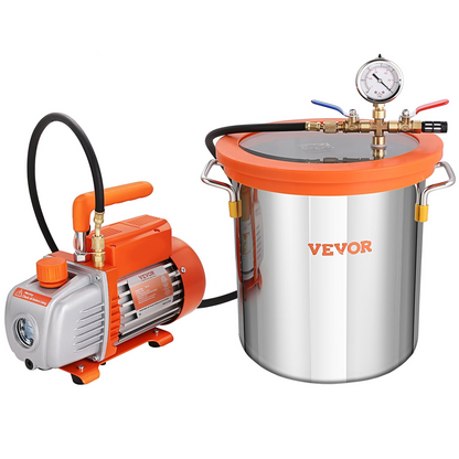 VEVOR 5 Gallon Vacuum Chamber and 3.5 CFM Pump Kit, Tempered Glass Lid Vacuum Degassing Chamber Kit, Single Stage Vacuum Pump with 250 ml Oil Bottle, for Stabilizing Wood, Degassing Silicones, Epoxies