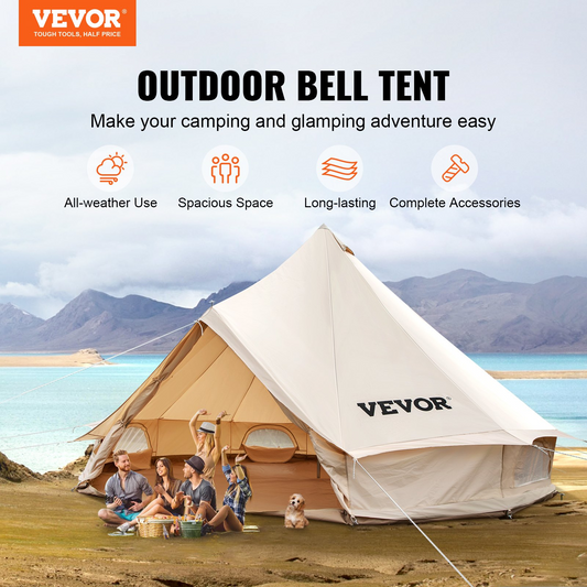 VEVOR Canvas Bell Tent, Waterproof & Breathable 100% Cotton Retro and Luxury Yurt with Stove Jack, 7m Diameter, Large Canopy Used in Summer, for Family Camping, Outdoor Glamping, Party in 4 Seasons