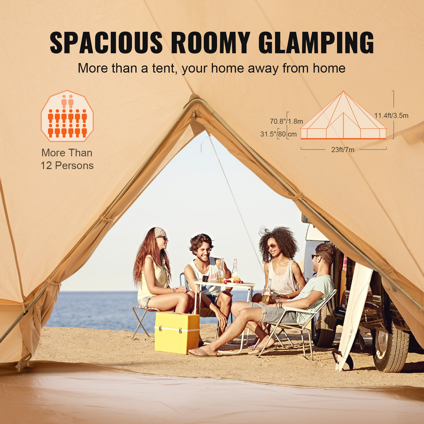 VEVOR Canvas Bell Tent, Waterproof & Breathable 100% Cotton Retro and Luxury Yurt with Stove Jack, 7m Diameter, Large Canopy Used in Summer, for Family Camping, Outdoor Glamping, Party in 4 Seasons