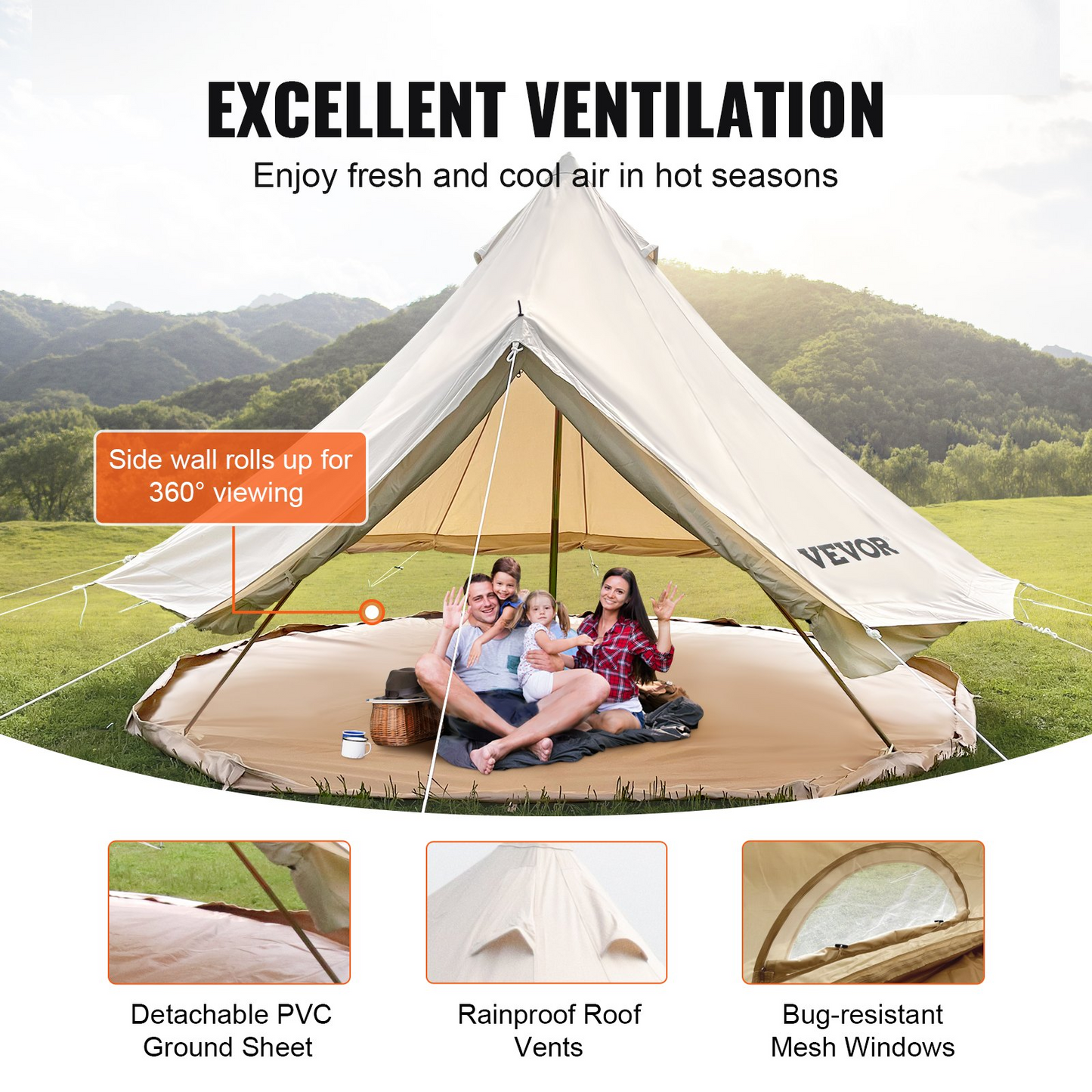 VEVOR Canvas Bell Tent, Waterproof & Breathable 100% Cotton Retro and Luxury Yurt with Stove Jack, 7m Diameter, Large Canopy Used in Summer, for Family Camping, Outdoor Glamping, Party in 4 Seasons