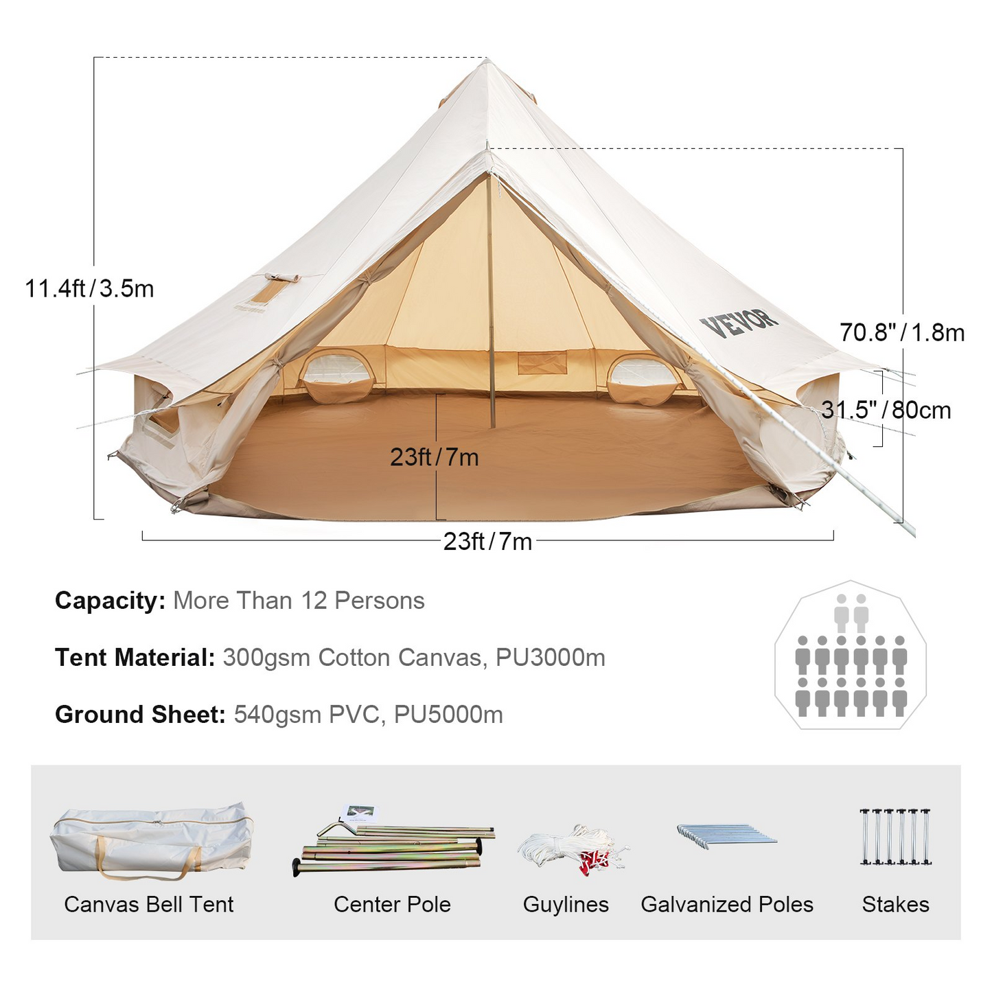 VEVOR Canvas Bell Tent, Waterproof & Breathable 100% Cotton Retro and Luxury Yurt with Stove Jack, 7m Diameter, Large Canopy Used in Summer, for Family Camping, Outdoor Glamping, Party in 4 Seasons