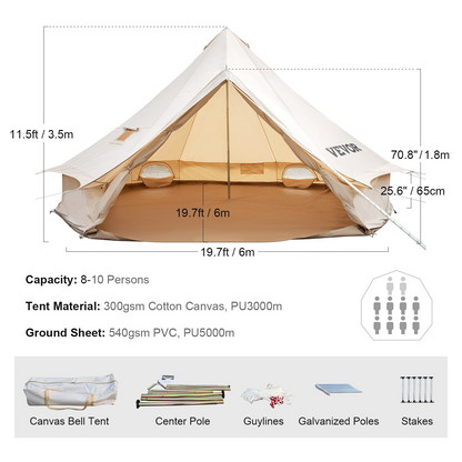 VEVOR Canvas Bell Tent, Waterproof & Breathable 100% Cotton Retro and Luxury Yurt with Stove Jack, 5m Diameter, Large Canopy Used in Summer, for Family Camping, Outdoor Glamping, Party in 4 Seasons