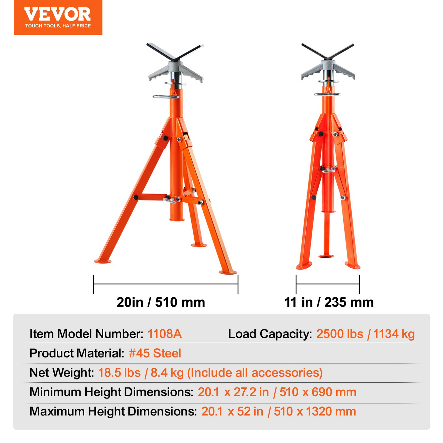 VEVOR Pipe Stand, 2500LBS Heavy Duty Pipe Jack Stands, 27.2"-52" Height Adjustable V Head Pipe Stand, 45# Steel Folding Jack Stand for 1/2-12 inches Pipes