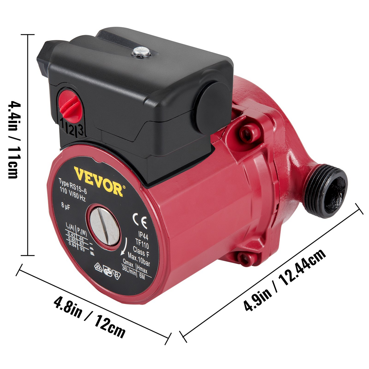 VEVOR Recirculating Pump, 93W 110V Water Circulator Circulating Pump NPT 3/4" w/Brass Fittings, 3-speed Control Recirculation 9.5 Gpm RS15-6 for Electric Water Heater System