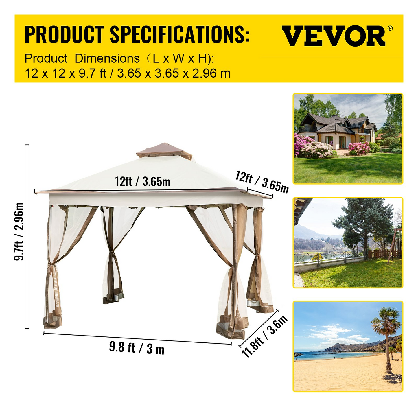 VEVOR Outdoor Canopy Gazebo Tent, Portable Canopy Shelter with 12'x12' Large Shade Tents for Parties, Backyard, Patio Lawn and Garden, 4 Sandbags, Carrying Bag and Netting Included, Brown