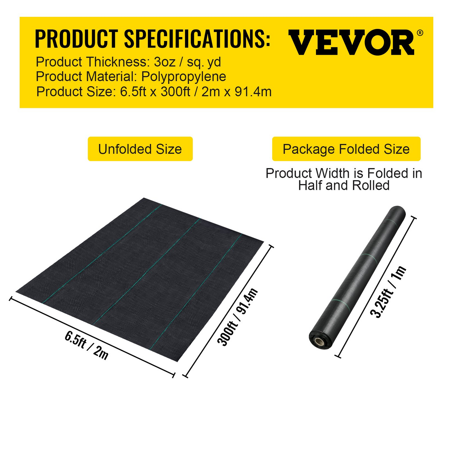 VEVOR 6.5FTx300FT Premium Weed Barrier Fabric Heavy Duty 3.2OZ, Woven Weed Control Fabric, High Permeability Good for Flower Bed, Geotextile Fabric for Underlayment, Polyethylene Ground Cover