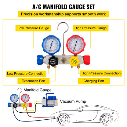 VEVOR Vacuum Pump 4.8CFM 1/4 HP Single Stage HVAC A/C Refrigeration Kit 5PA Ultimate Vacuum Manifold Gauge Set R410A R134A R22 HVAC AC, 4-Way Manifold Gauge and Hose for Air Conditioning Systems