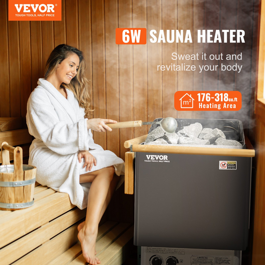 VEVOR Sauna Heater, 6KW 220V Electric Sauna Stove, Steam Bath Sauna Heater with Built-In Controls, 3h Timer and Adjustable Temp for Max. 176-318 Cubic Feet, Home Hotel Spa Shower Use