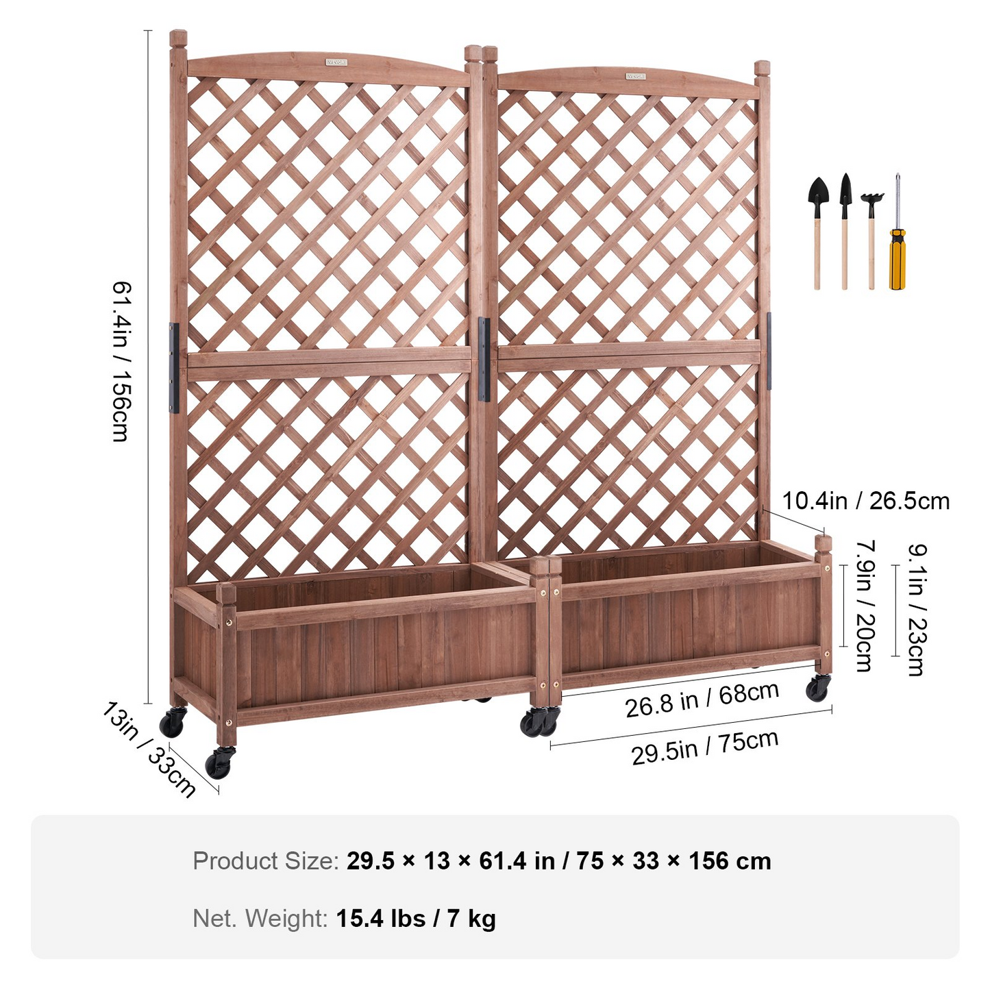 VEVOR 2PCS Raised Garden Bed with Trellis, 60"x13"x61.4" Outdoor Raised Wood Planters with Drainage Holes, Free-Standing Trellis Planter Box for Vine Climbing Plants Flowers in Garden, Patio, Balcony