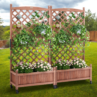 VEVOR 2PCS Raised Garden Bed with Trellis, 60"x13"x61.4" Outdoor Raised Wood Planters with Drainage Holes, Free-Standing Trellis Planter Box for Vine Climbing Plants Flowers in Garden, Patio, Balcony