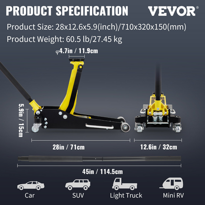 VEVOR Floor Jack, 2.5 Ton Low Profile Floor Jack, Aluminum and Steel Racing Floor Jack with Dual Pistons Quick Lift Pump, Floor Jack Lifting Range 3-3/4"-18-7/10"