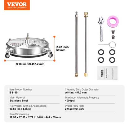 VEVOR 18" Pressure Washer Surface Cleaner w/ Wheels, Stainless Steel Concrete Cleaner 4000 Max PSI , 1/4" Quick-Connect Connector w/ 2 Extension Wand, Heavy Duty Power Washer For Floor Driveway, Patio