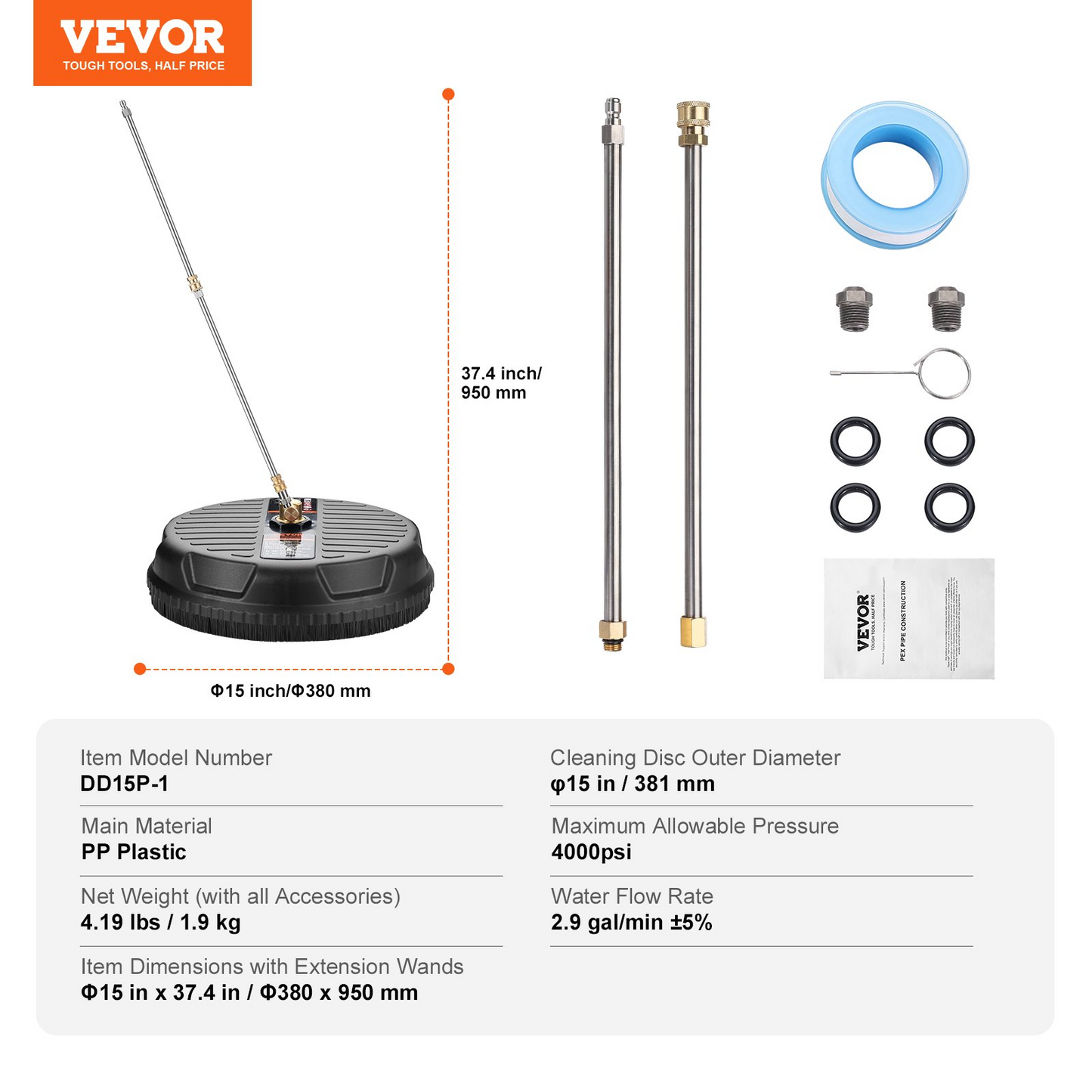 VEVOR Pressure Washer Surface Cleaner Universal 15", Pressure Washer Attachment 4000 Max PSI with 2 Extension Wand, 1/4" Quick-Connect Connector Power Concrete Cleaner, For Floor Driveway, Patio