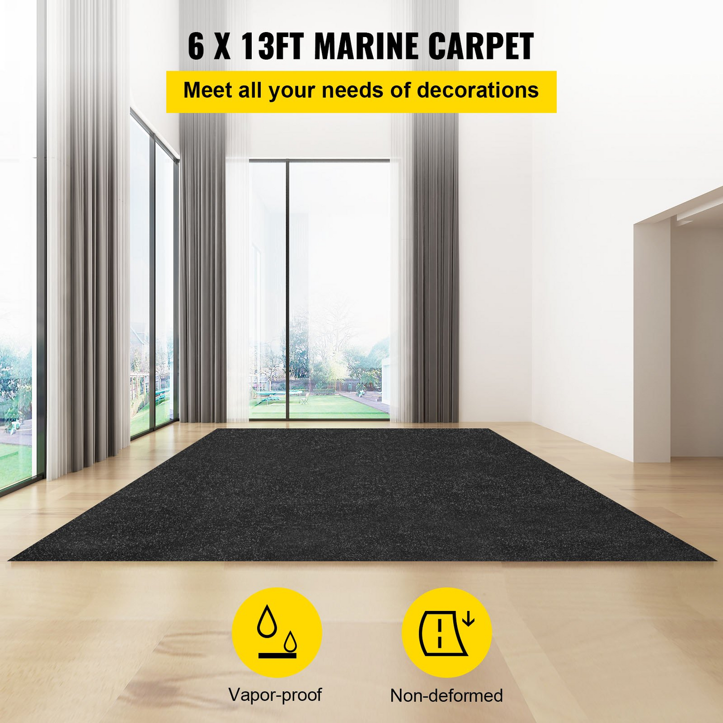 VEVOR Marine Carpet, 6 x 13 ft Boat Carpeting, Charcoal Black Marine Grade Boat Carpet, Indoor/Outdoor Marine Carpeting w/ Water-proof TPR Backing, Water-proof Carpet Roll for Home, Patio, Porch, Deck