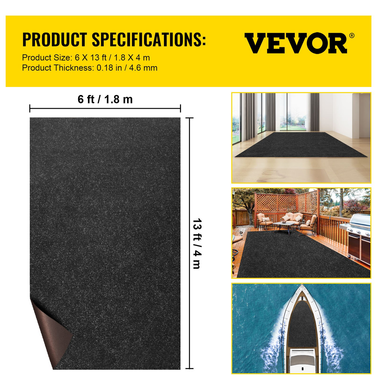 VEVOR Marine Carpet, 6 x 13 ft Boat Carpeting, Charcoal Black Marine Grade Boat Carpet, Indoor/Outdoor Marine Carpeting w/ Water-proof TPR Backing, Water-proof Carpet Roll for Home, Patio, Porch, Deck